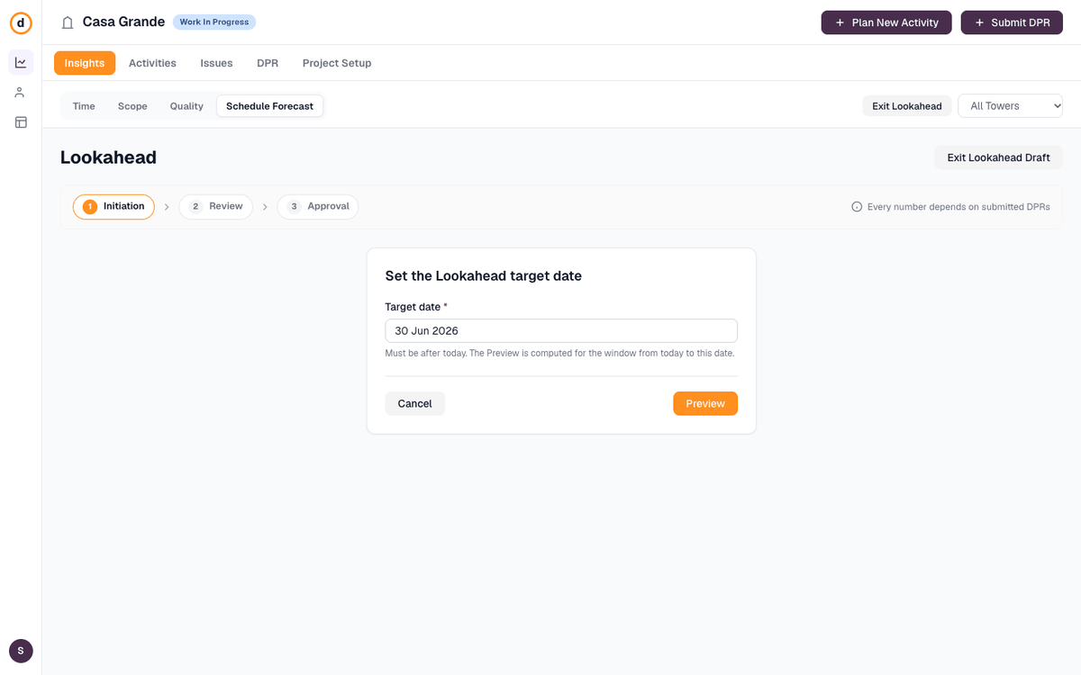 Lookahead: setting the target date and preview, the PM review checklist, then the Approved Lookahead summary