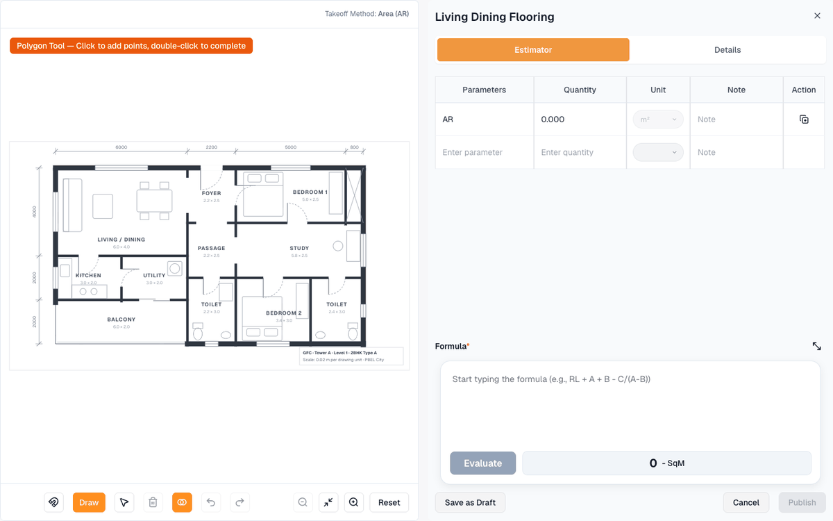 Takeoff: the Living / Dining room is traced on the GFC (24 m²), a Wastage parameter of 1.05 is added, the formula AR × Wastage is entered, and Evaluate gives 25.2 SqM
